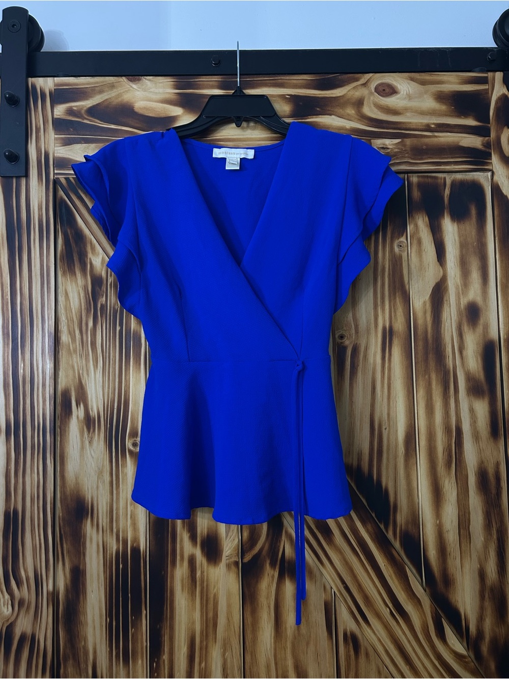 Monteau Royal Blue Wrap Peplum Blouse with Flutter Sleeves